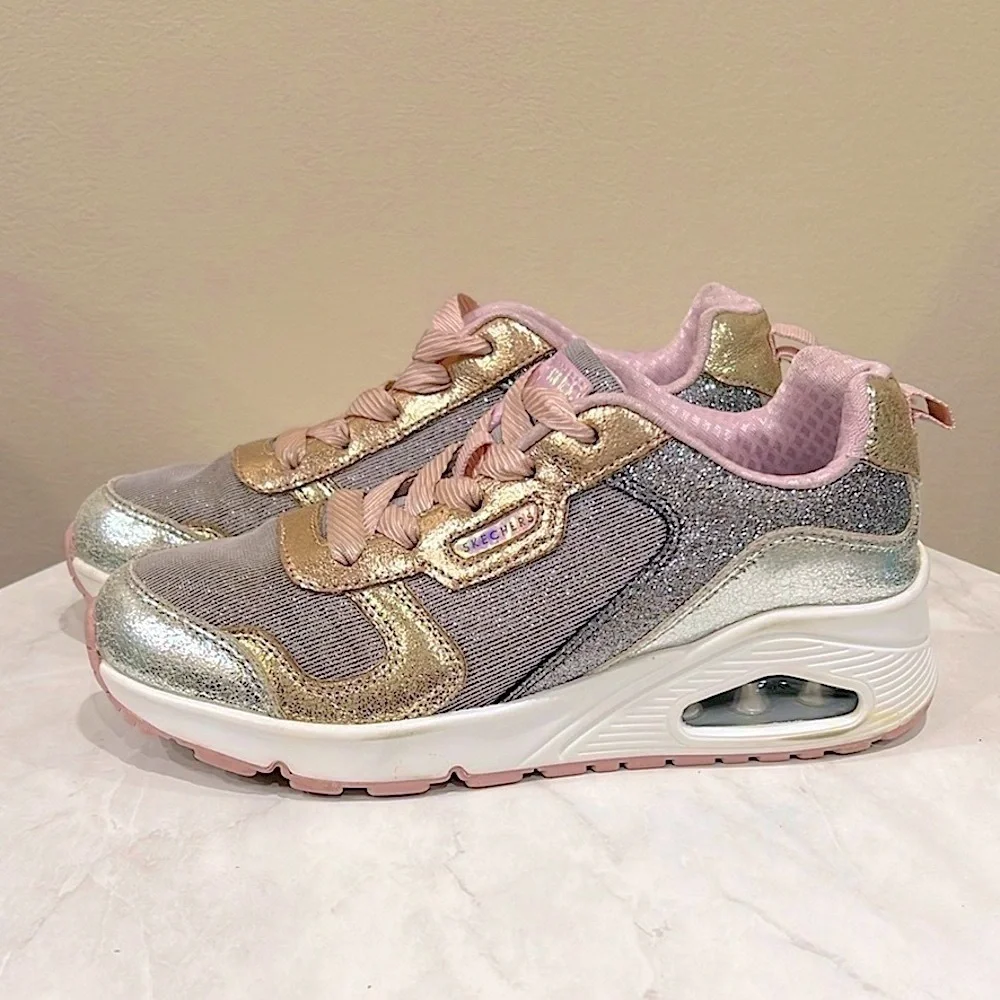 🔥Skechers Gold and Silver Sneakers with Pink Accents🔥
